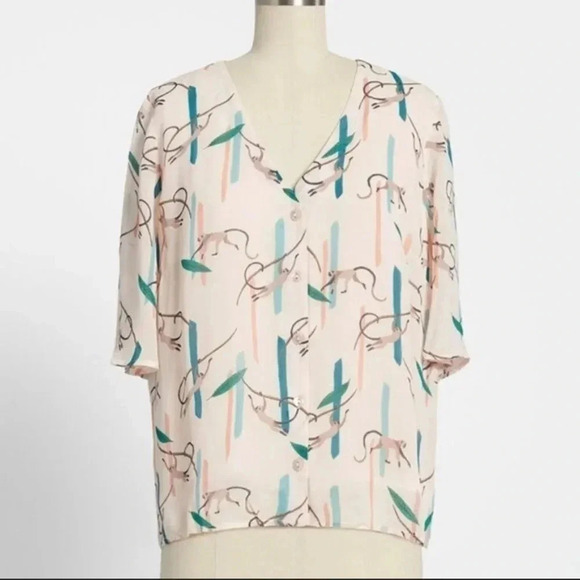 Emily and Fin ModCloth Monkey Around Town Blouse Size Large - Picture 1 of 11